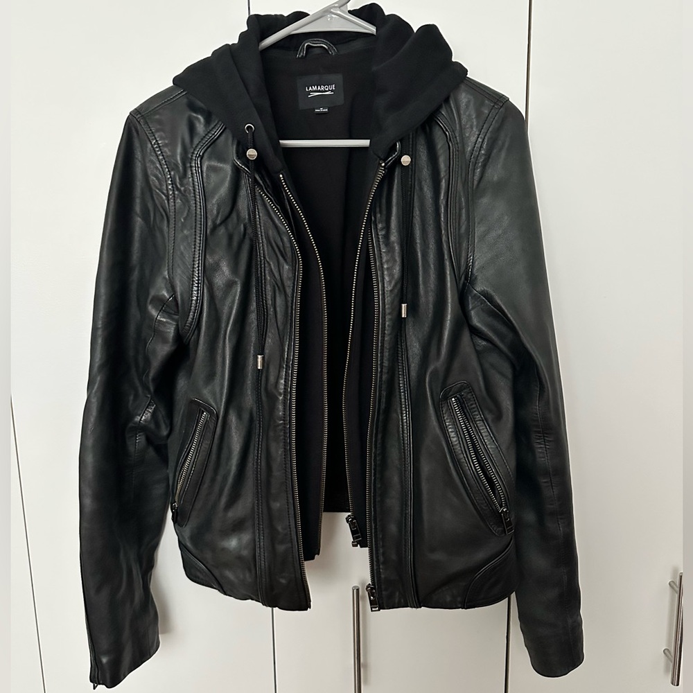LaMarque Arlette Leather Biker Jacket in Black with Removable Hood Size M